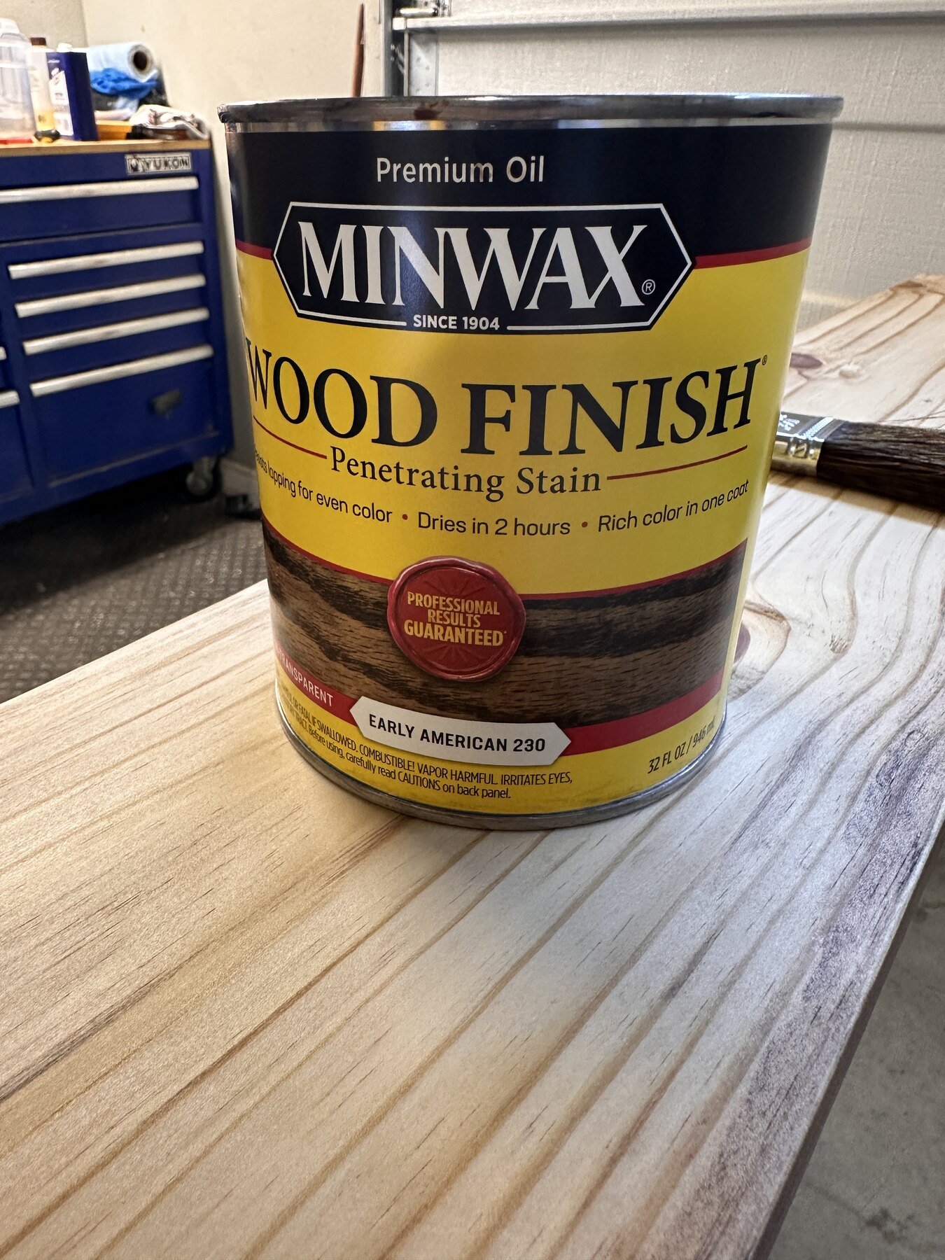 Can of Minwax Early American 230 penetrating stain on Board Two