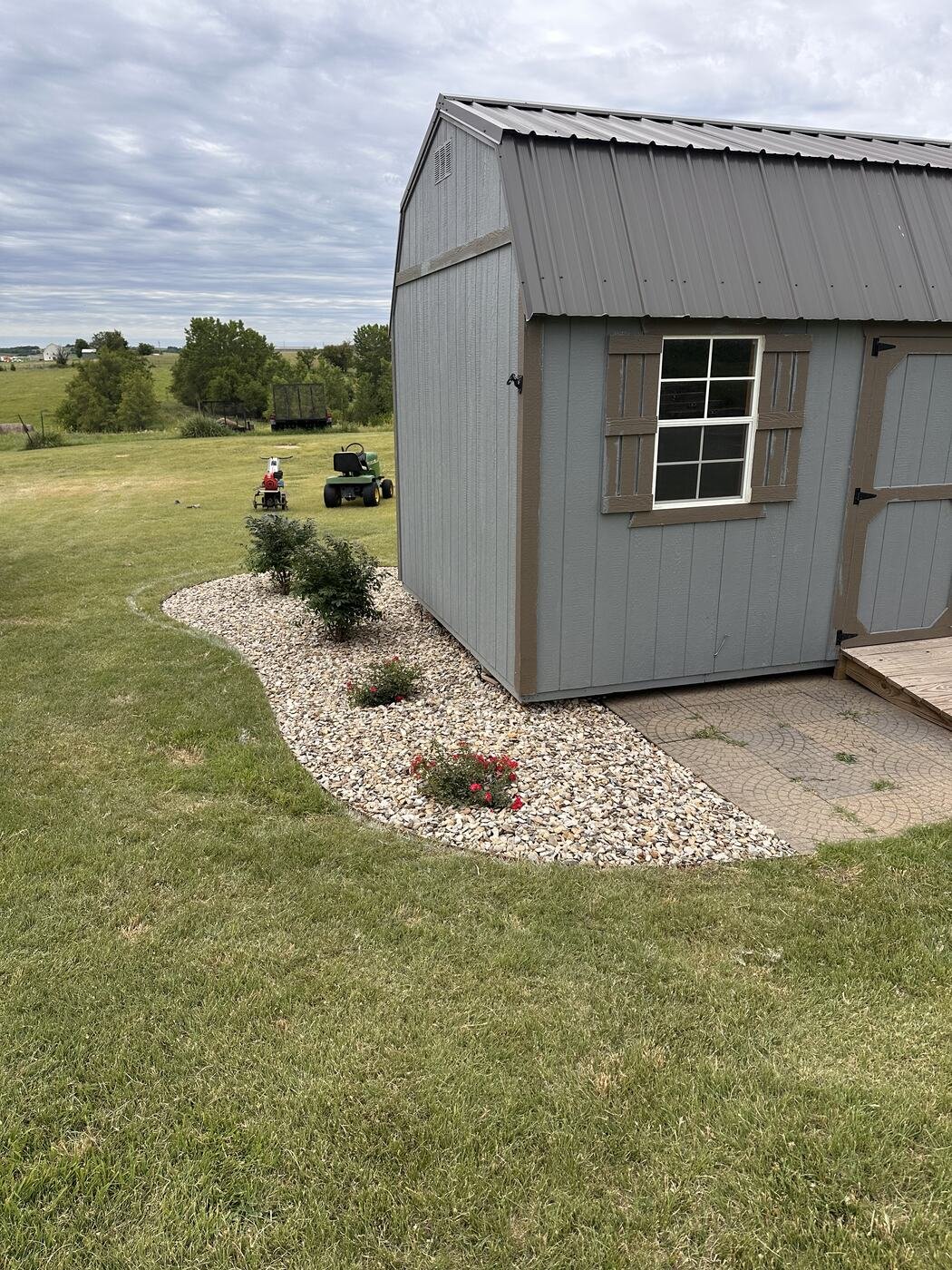 New roses, shrubs, and rock bed around the shed on installation day